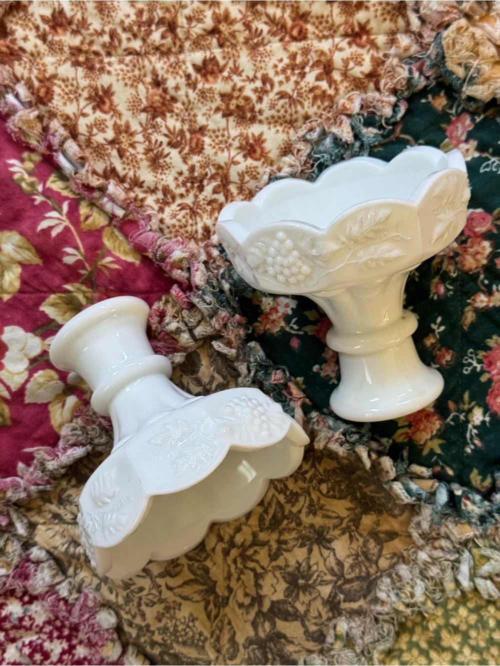 Vintage White Milk Glass Pedestal Vases - Scalloped Floral Pair